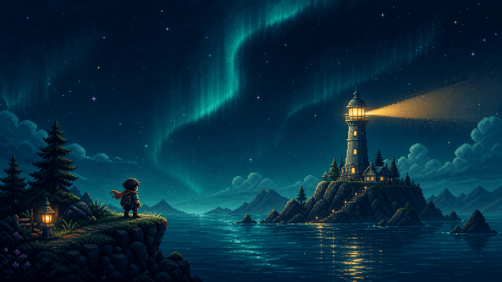 A traveler gazing at a moonlit lake — AuriPixel Studio